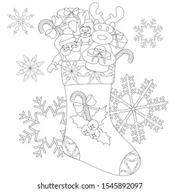 Illustration of a Christmas sock decorated with snowflakes from which Santa Claus peeps, a deer with a gift, a fairy, visible: a lollipop with a bow and boxes with gifts. Anti-stress coloring.
