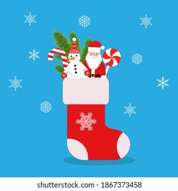 illustration Christmas sock with gifts and sweets. Red sock with snowflakes ornament for home or fireplace decoration, for postcards and holiday greetings.
