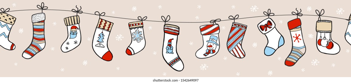 Illustration of Christmas socks with different design. Christmas socks horizontal seamless pattern.