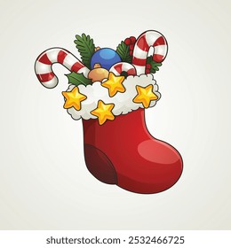 Illustration of a Christmas stocking filled with candy cane and bauble