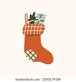 Illustration of a Christmas stocking filled with gifts, perfect for holiday decor. Vector hand drawn illustration in freehand style