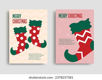 Illustration of Christmas stocking flyer with shadow on colorful background. Merry Christmas. Cute socks for the Christmas season.