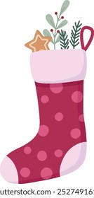 Illustration of Christmas stocking, plants and sweets. Hand drawn holiday concept for cards or banners