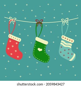Illustration of Christmas stockings on a rope with a bow and snowflakes. New Year's surprises in socks. Vector image