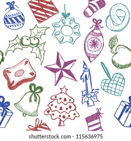 Illustration of christmas symbols, hand drawn style, seamless pattern