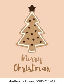 Illustration of a Christmas tree biscuit saying Merry Christmas on a light pink background.