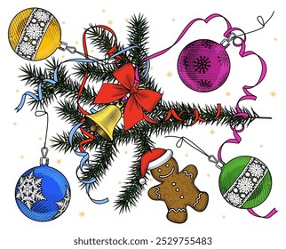 Illustration of a Christmas tree branch with a christmas tree balls, bells with red bows. New Year, Christmas celebration. Vintage engraving stylized drawing. Vector illustration