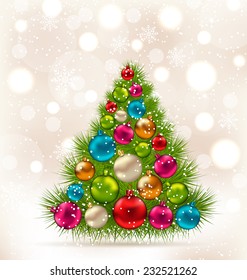 Illustration Christmas tree and colorful balls on light background - vector