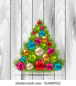 Illustration Christmas Tree and Colorful Balls on Wooden Background - vector