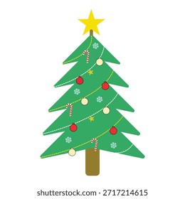 Ilustração de uma árvore de Natal completa com decorações como estrelas, bengalas de doces, flocos de neve e bolas coloridas