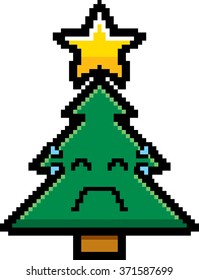 An illustration of a Christmas tree crying in an 8-bit cartoon style.