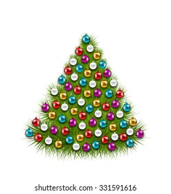 Illustration Christmas Tree Decorated Colorful Balls, Isolated on White Background - Vector