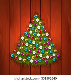 Illustration Christmas Tree Decorated Colorful Balls on Brown Wooden Background - Vector