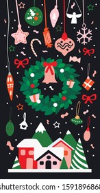 Illustration with 
Christmas tree decorations