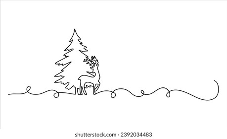 illustration of a christmas tree and deer , fir tree one single line art vector