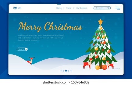 Illustration of Christmas tree and deer hidden in winter on a landing page template

