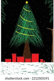 illustration of christmas tree during snowfall and gift box at night