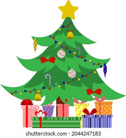 illustration of a Christmas tree and gift boxes. vector isolated on a white background.