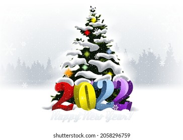 Illustration of a Christmas tree with gifts in the form of letters underneath.
