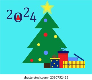 Illustration of a Christmas tree with gifts and the inscription 2024.