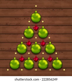 Illustration Christmas tree made of baubles on wooden background - vector