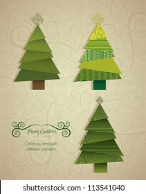 Illustration of christmas tree, made with patterns, vector illustration
