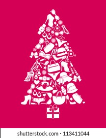 Illustration Of A Christmas Tree Made From Various Female Fashion Items.