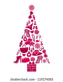 Illustration of a Christmas tree made from various female fashion items.
