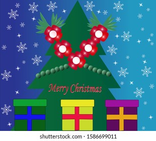Illustration of Christmas tree and Merry Christmas greeting.