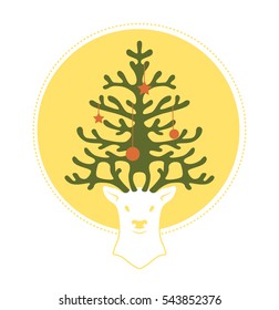 Illustration of Christmas tree on the head of the deer instead of horns