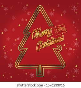 Illustration of a Christmas tree on a red background and letters and gift boxes
