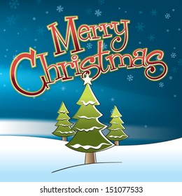 Illustration of a Christmas tree on a Winter night, with custom-designed lettering. 