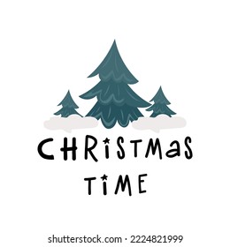 Illustration of a Christmas tree and the phrase "Christmas time" in a flat style