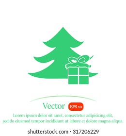 Illustration of Christmas tree with present. Vector icon.