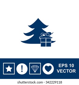 Illustration of Christmas tree with present. Vector icon.