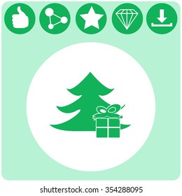 Illustration of Christmas tree with present. Vector icon.