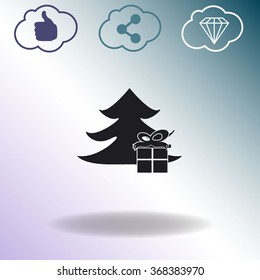 Illustration of Christmas tree with present. Vector icon.