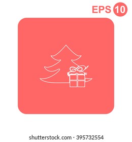 Illustration of Christmas tree with present. Vector icon.