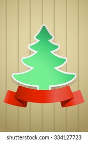 illustration of christmas tree with red ribbon on brown background