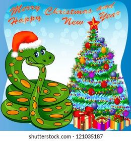 illustration of a Christmas tree and a snake with gifts