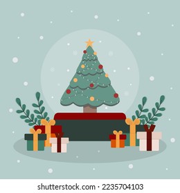 Illustration Christmas tree in the snow globe and presents. Vector Christmas seasonal.