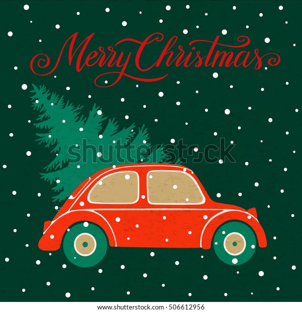 Illustration with Christmas tree,\
vintage car and snow. Background for greeting card,\
invitation.