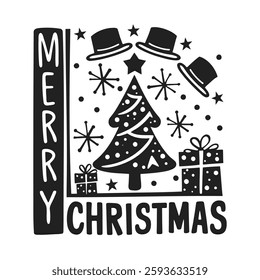 Illustration of a Christmas tree with a vintage style decoration, featuring hats and stars, with the greeting Merry Christmas in a classic typeface.