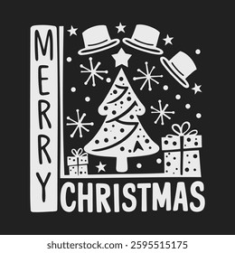 Illustration of a Christmas tree with a vintage style decoration, featuring hats and stars, with the greeting Merry Christmas in a classic typeface.