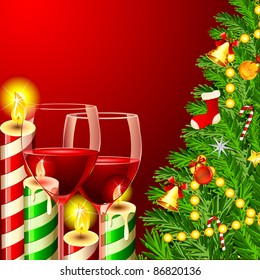 illustration of christmas tree with wine glass and candle