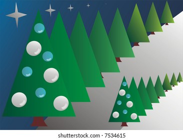 Illustration of christmas trees on hill side with sky behind . Seasonal concept. Suitable for greetings.