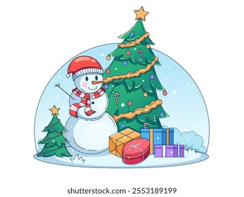 illustration of a Christmas winter scene featuring a cheerful snowman standing beside a beautifully decorated Christmas tree. Surrounding the tree are various wrapped present.