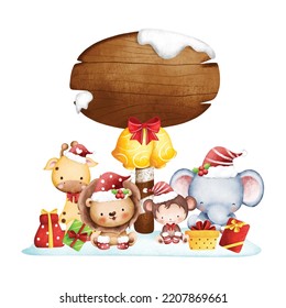 Illustration Christmas Wooden Board with Baby Safari Animals and gifts