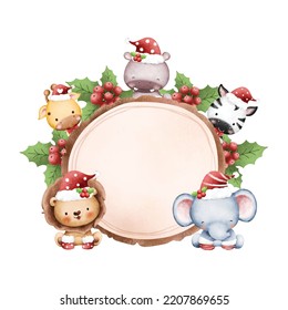 Illustration Christmas Wooden Board with Safari Animals