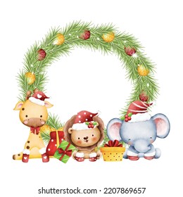 Illustration Christmas Wreath with Baby Safari Animals and gifts